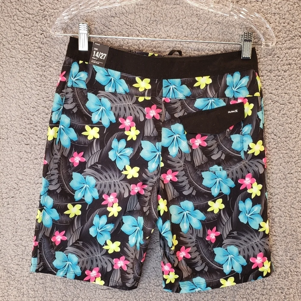 Hurley Boys Board Swim Skater summer Trunks Black Hawaiian Flowers Sz 14/27